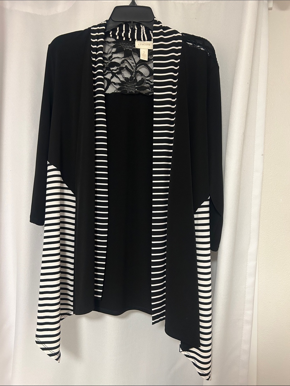 Chico's Black and White Striped Open-Front Cardigan with Lace Back